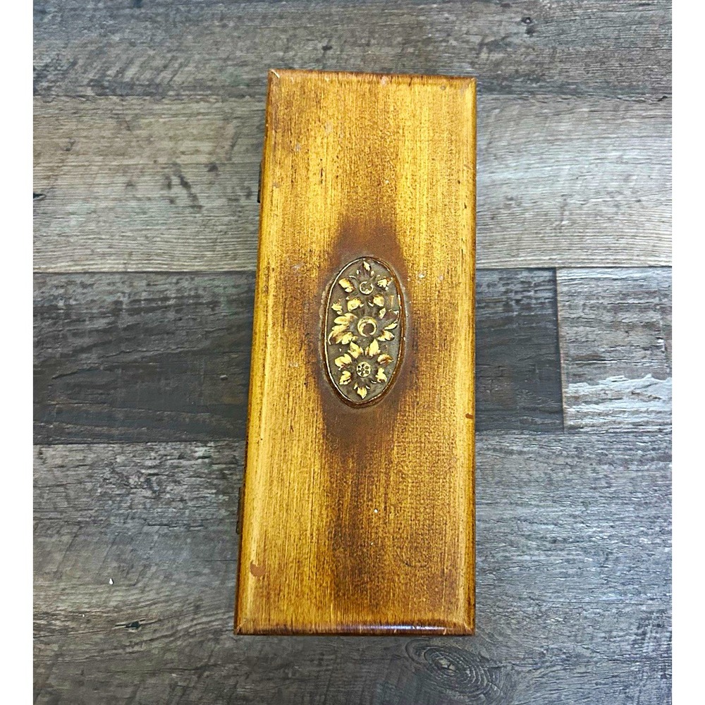 Wood Decorative Box Floral Medallion Inlay Hinged Lid Brown 12x4x2 in